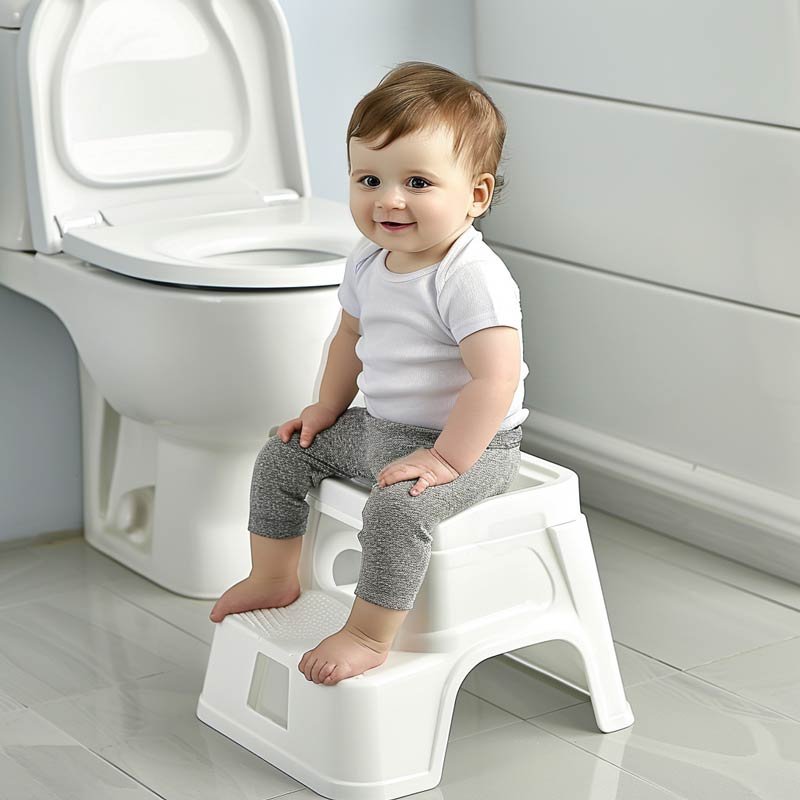 Baby auf einem schemel in der Toilette