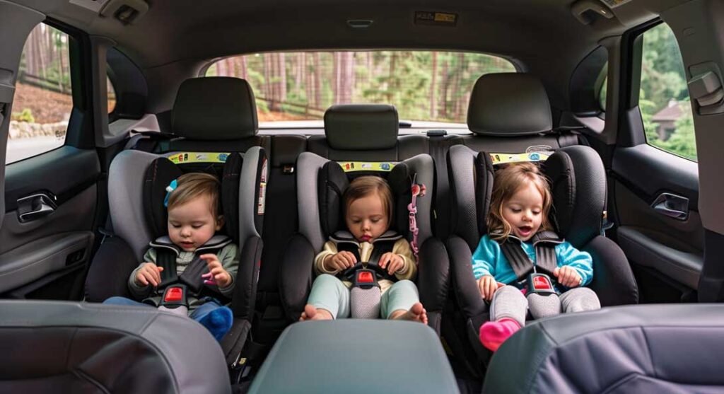 3 Kinder in 3 Babyschalen auf dem Rücksitz eines Autos