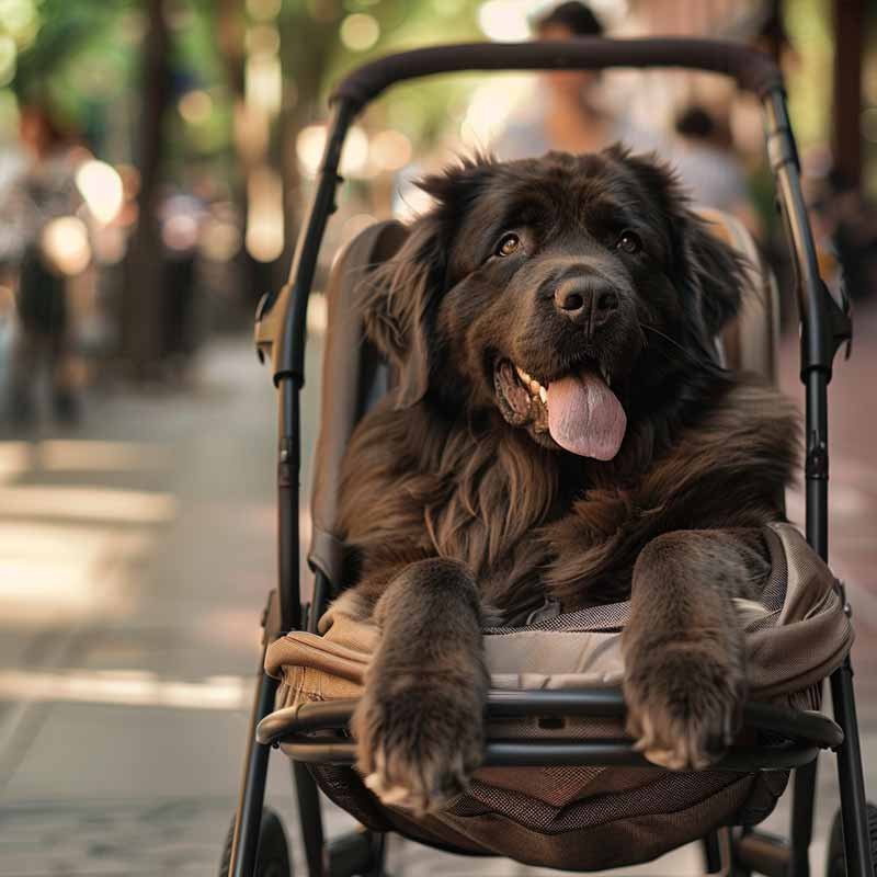 großer Hund in einem kleinen Kinderwagen