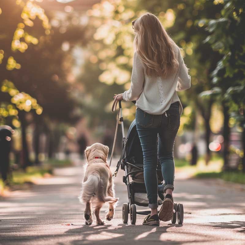 Hund beim Spaziergang an der Leine mit dem Kinderwagen daneben