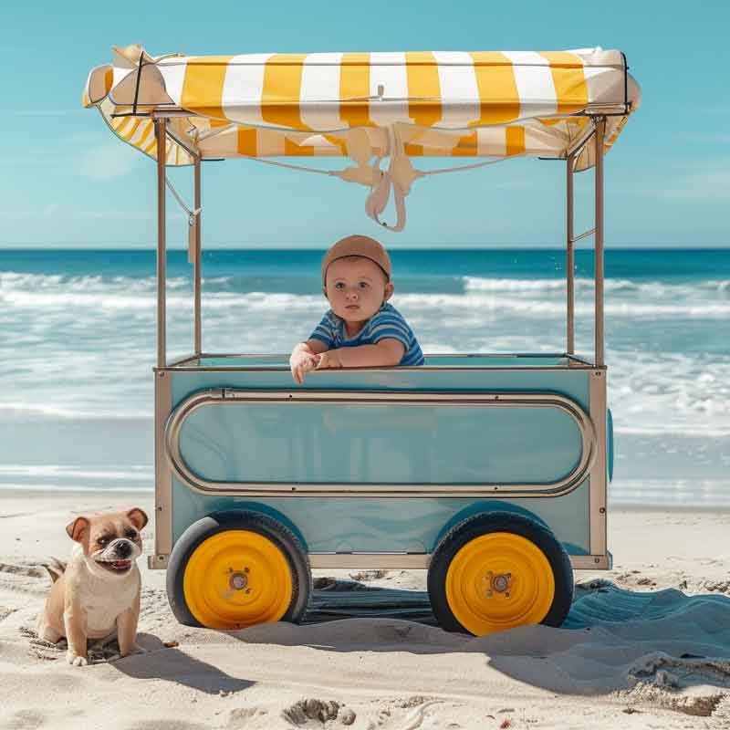 Strandwagen mit einem Hund